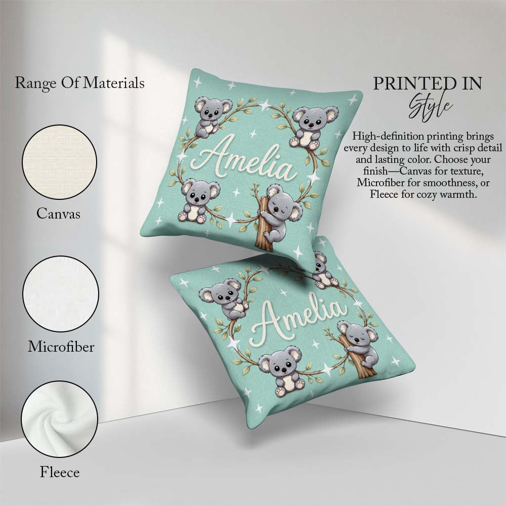 Custom Name Cartoon Koala Bears with White Stars on Mint Green Square Filled Cushion Throw Pillow Sofa Bed Home Decor Zip Washable UK Made