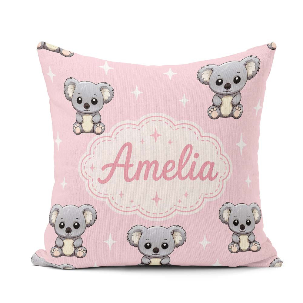 Custom Name Koala Bears with White Stars on Soft Pink Background Square Filled Cushion Throw Pillow Sofa Bed Home Decor Zip Washable UK Made