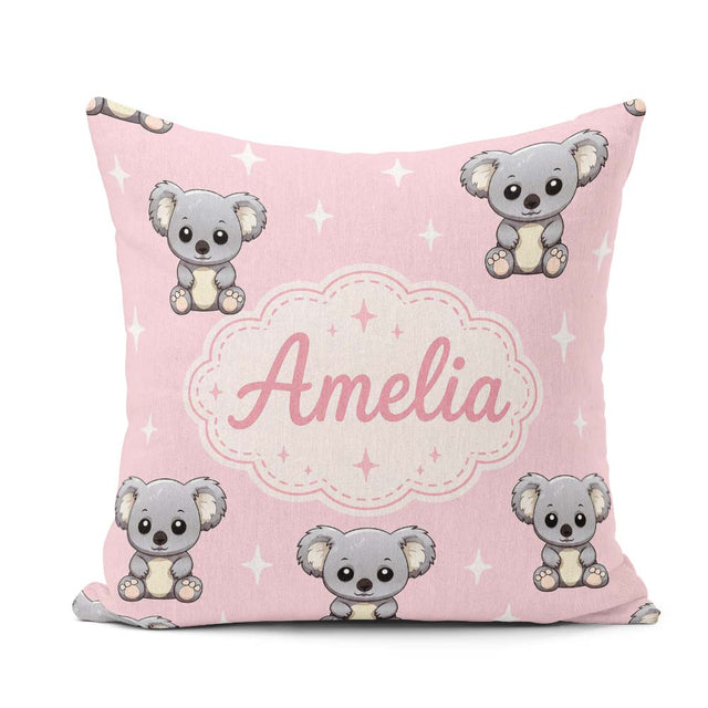 Custom Name Koala Bears with White Stars on Soft Pink Background Square Filled Cushion Throw Pillow Sofa Bed Home Decor Zip Washable UK Made