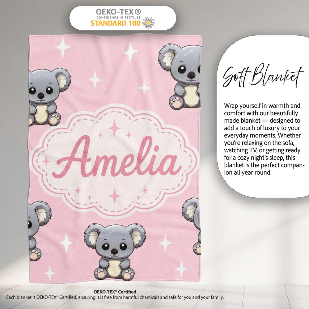 Cute Cartoon Koala Bears with White Stars on Soft Pink Background  Personalised Custom Name Super Soft Fleece Blanket Bed Sofa Throw