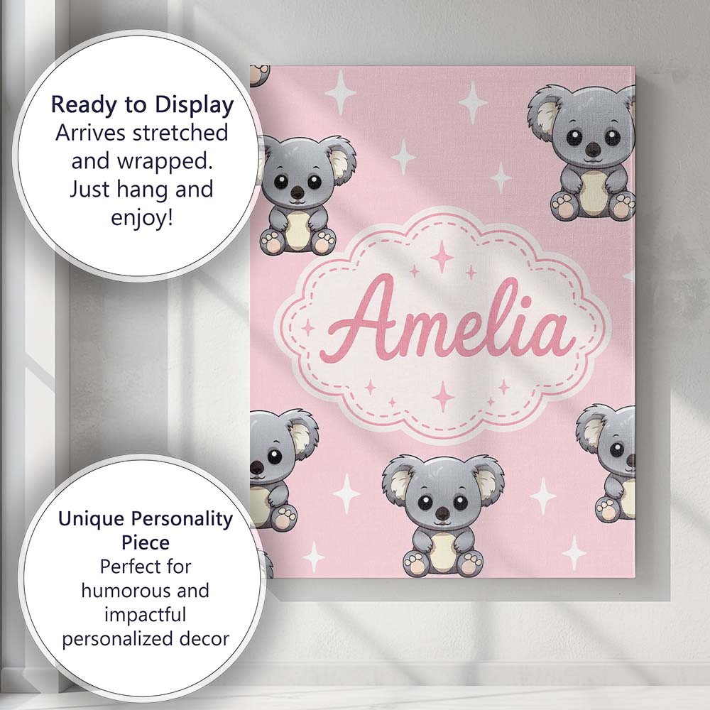 Personalised Name Cute Cartoon Koala Bears Custom  Unique Gift Idea Elegant Feature Canvas Wall Art Print Decor Picture Ready to Hang