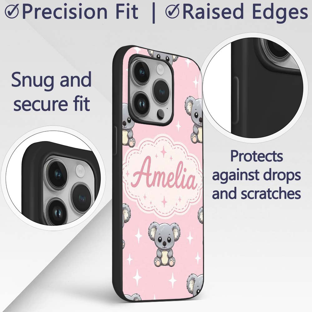 Cute Cartoon Koala Bears with White Stars on Soft Custom Name Protective Phone Case Mobile Cover Durable Everyday Smartphone Shock Resistant