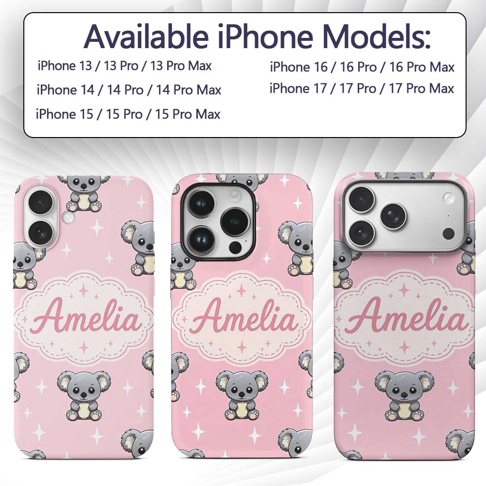 Cute Cartoon Koala Bears with White Stars on Soft Custom Name Protective Phone Case Mobile Cover Durable Everyday Smartphone Shock Resistant