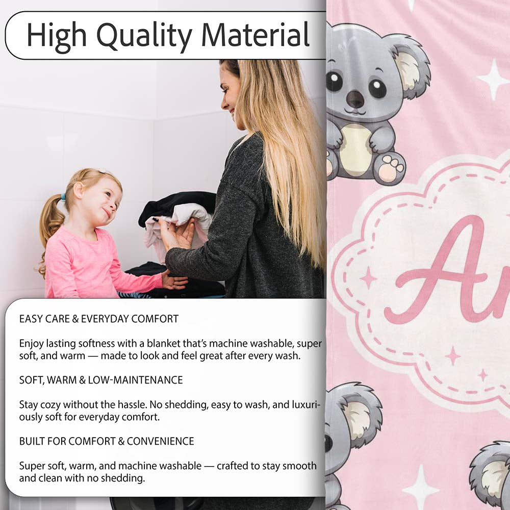 Cute Cartoon Koala Bears with White Stars on Soft Pink Background  Personalised Custom Name Super Soft Fleece Blanket Bed Sofa Throw