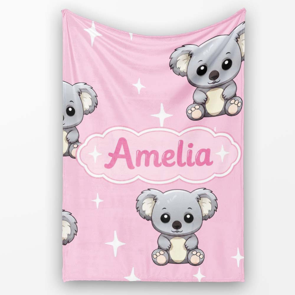 Cute Cartoon Koala Bears with White Stars on Rose Pink Background  Personalised Custom Name Super Soft Fleece Blanket Bed Sofa Throw