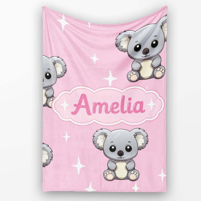 Cute Cartoon Koala Bears with White Stars on Rose Pink Background  Personalised Custom Name Super Soft Fleece Blanket Bed Sofa Throw
