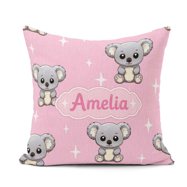 Custom Name Koala Bears with White Stars on Rose Pink Background Square Filled Cushion Throw Pillow Sofa Bed Home Decor Zip Washable UK Made