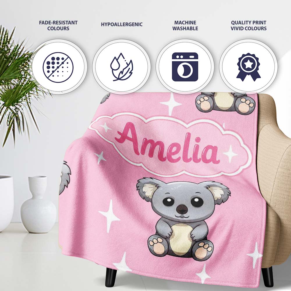 Cute Cartoon Koala Bears with White Stars on Rose Pink Background  Personalised Custom Name Super Soft Fleece Blanket Bed Sofa Throw