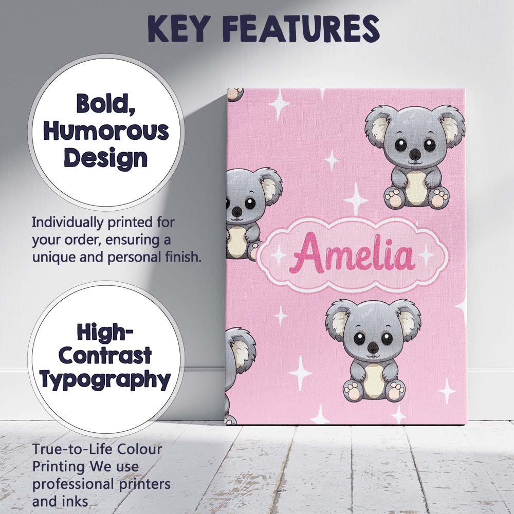 Personalised Name Cute Cartoon Koala Bears Custom  Unique Gift Idea Elegant Feature Canvas Wall Art Print Decor Picture Ready to Hang