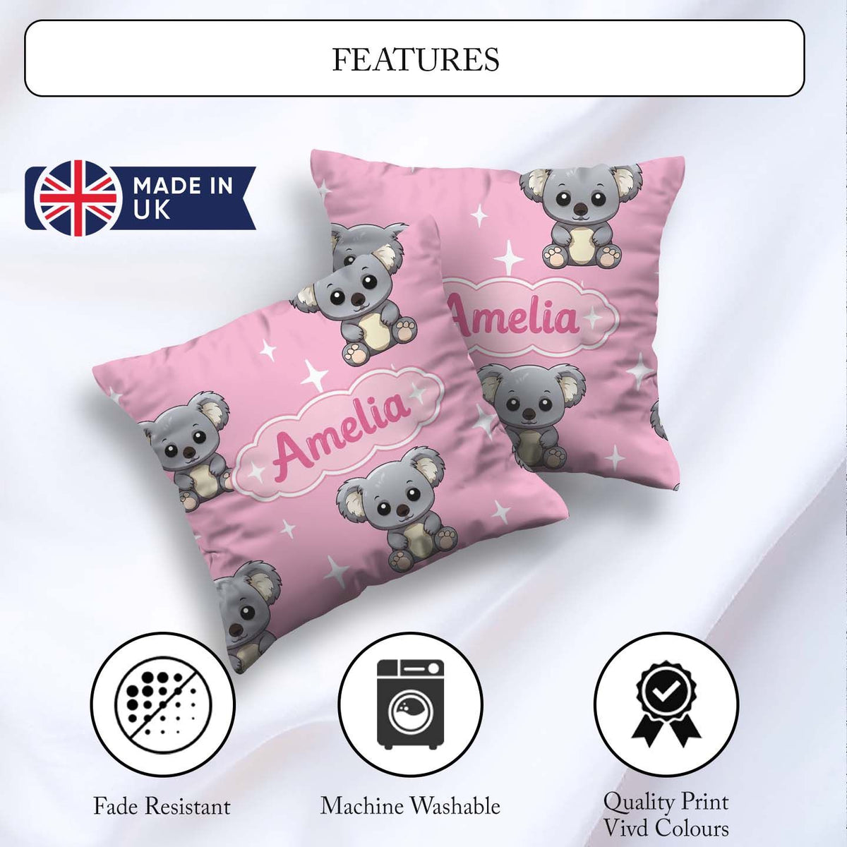 Custom Name Koala Bears with White Stars on Rose Pink Background Square Filled Cushion Throw Pillow Sofa Bed Home Decor Zip Washable UK Made