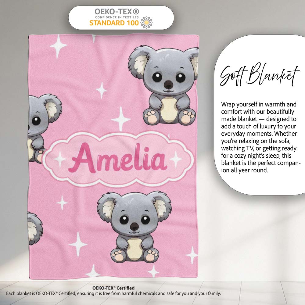 Cute Cartoon Koala Bears with White Stars on Rose Pink Background  Personalised Custom Name Super Soft Fleece Blanket Bed Sofa Throw