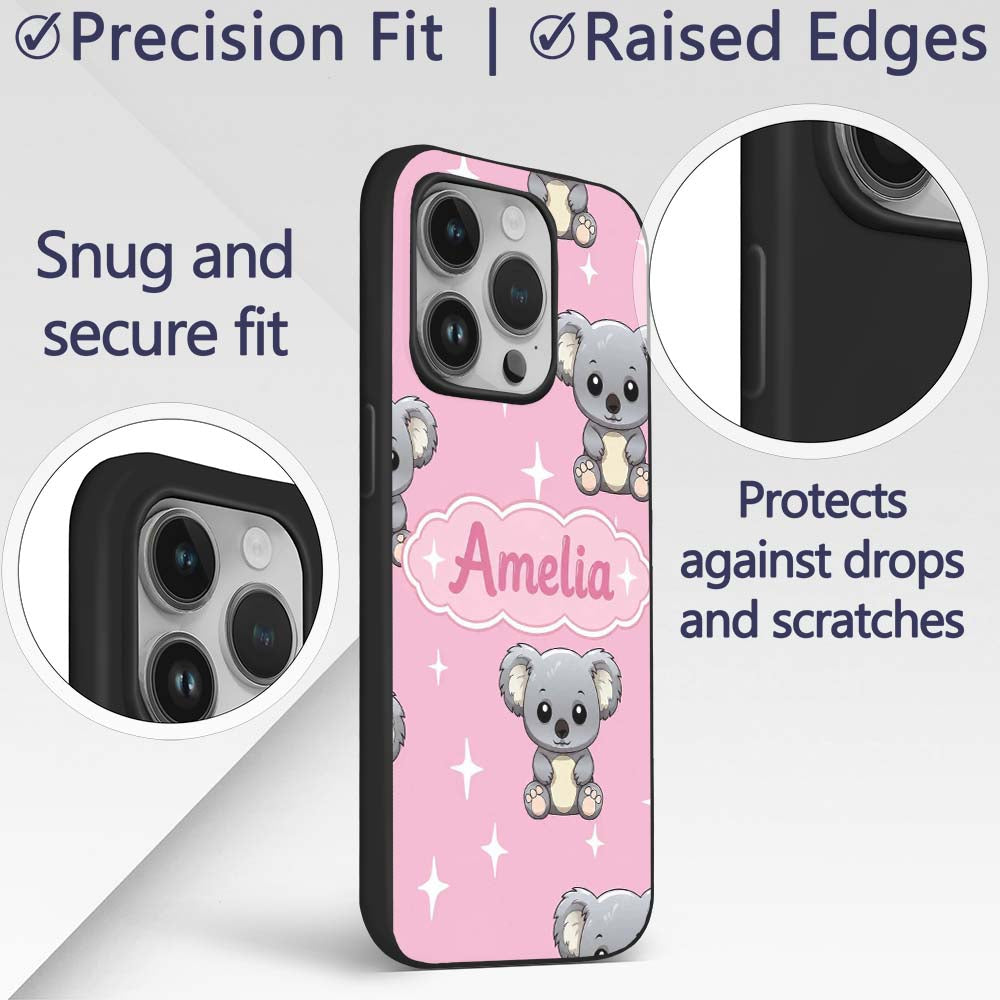 Cute Cartoon Koala Bears with White Stars on Rose Custom Name Protective Phone Case Mobile Cover Durable Everyday Smartphone Shock Resistant