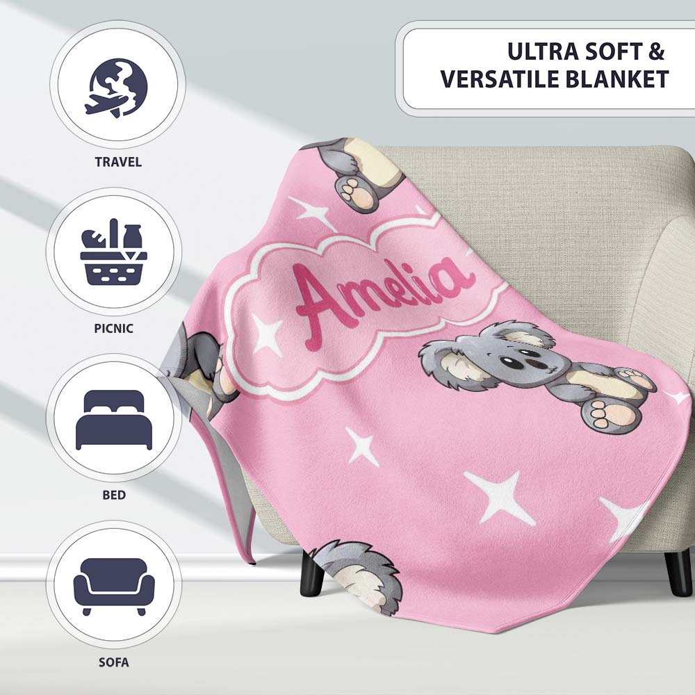 Cute Cartoon Koala Bears with White Stars on Rose Pink Background  Personalised Custom Name Super Soft Fleece Blanket Bed Sofa Throw