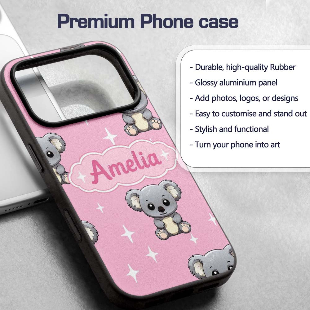 Cute Cartoon Koala Bears with White Stars on Rose Custom Name Protective Phone Case Mobile Cover Durable Everyday Smartphone Shock Resistant