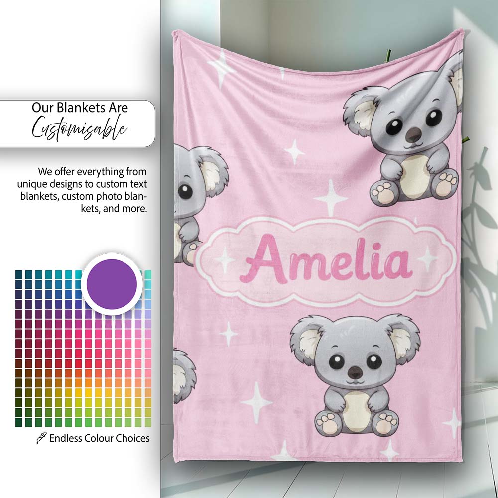 Cute Cartoon Koala Bears with White Stars on Rose Pink Background  Personalised Custom Name Super Soft Fleece Blanket Bed Sofa Throw