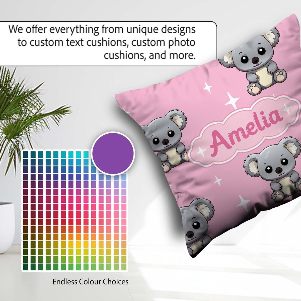 Custom Name Koala Bears with White Stars on Rose Pink Background Square Filled Cushion Throw Pillow Sofa Bed Home Decor Zip Washable UK Made