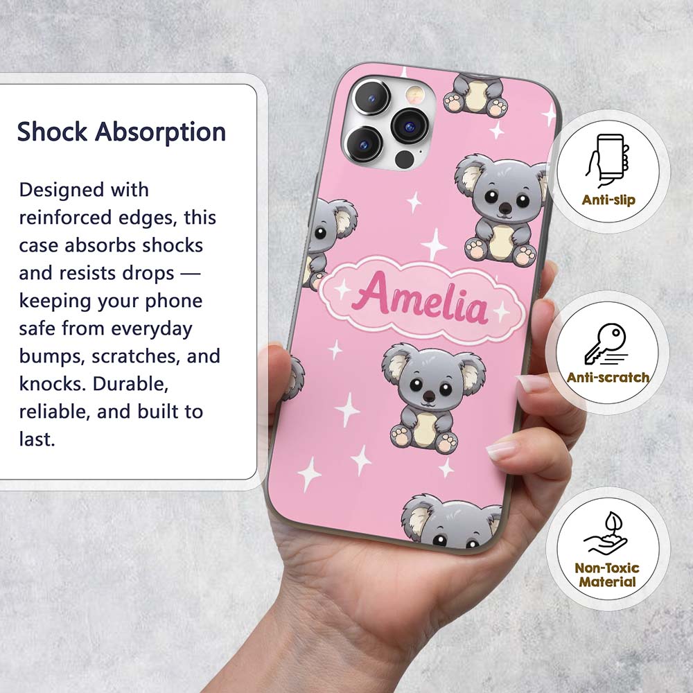 Cute Cartoon Koala Bears with White Stars on Rose Custom Name Protective Phone Case Mobile Cover Durable Everyday Smartphone Shock Resistant