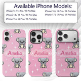 Cute Cartoon Koala Bears with White Stars on Rose Custom Name Protective Phone Case Mobile Cover Durable Everyday Smartphone Shock Resistant