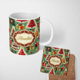 Personalized Custom Name Colorful Christmas Trees Gifts Snowflakes Festive Seamless Pattern 11oz Ceramic Coffee Tea Mug White Large Handle