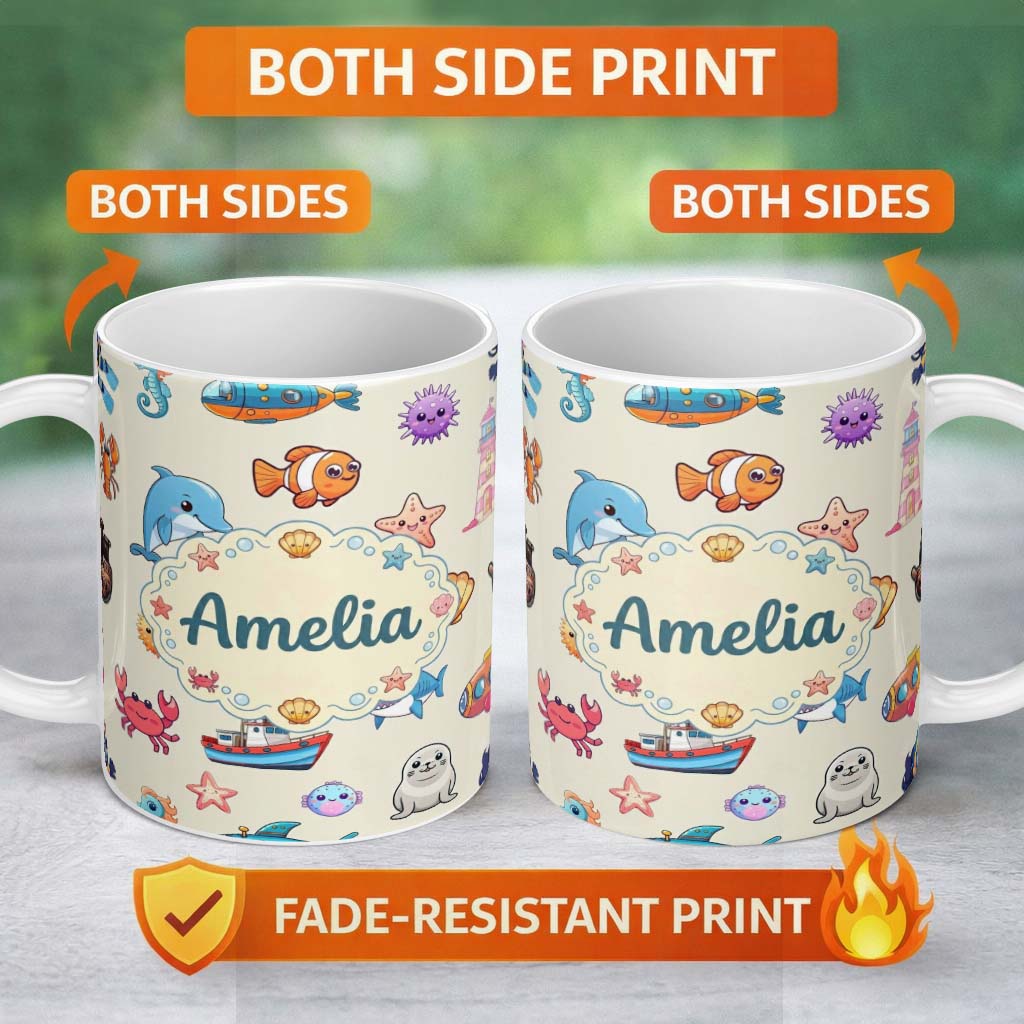 Personalized Custom Name Cartoon Sea Animals Diver Dolphin Shark Crab Boat Lighthouse Cream 11oz Ceramic Coffee Tea Mug White Large Handle
