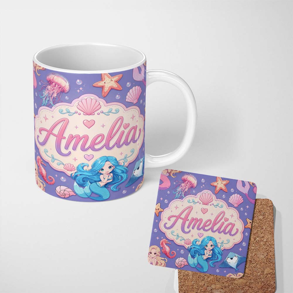 Personalized Custom Name Cute Blue Mermaid Jellyfish Seahorse and Ocean Creatures Purple 11oz Ceramic Coffee Tea Mug White Large Handle