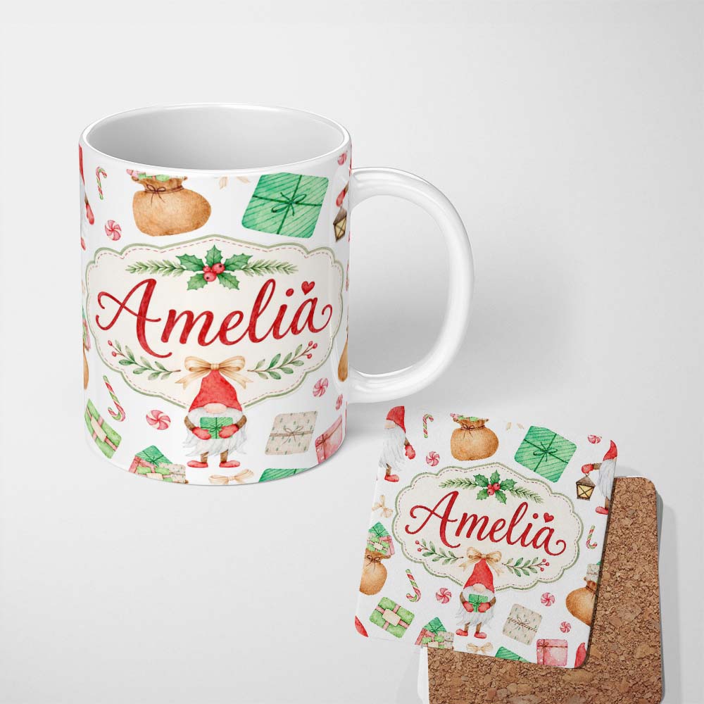 Personalized Custom Name Cute Christmas Gnome Holding Gift Candy Cane Presents Seamless 11oz Ceramic Coffee Tea Mug White Large Handle