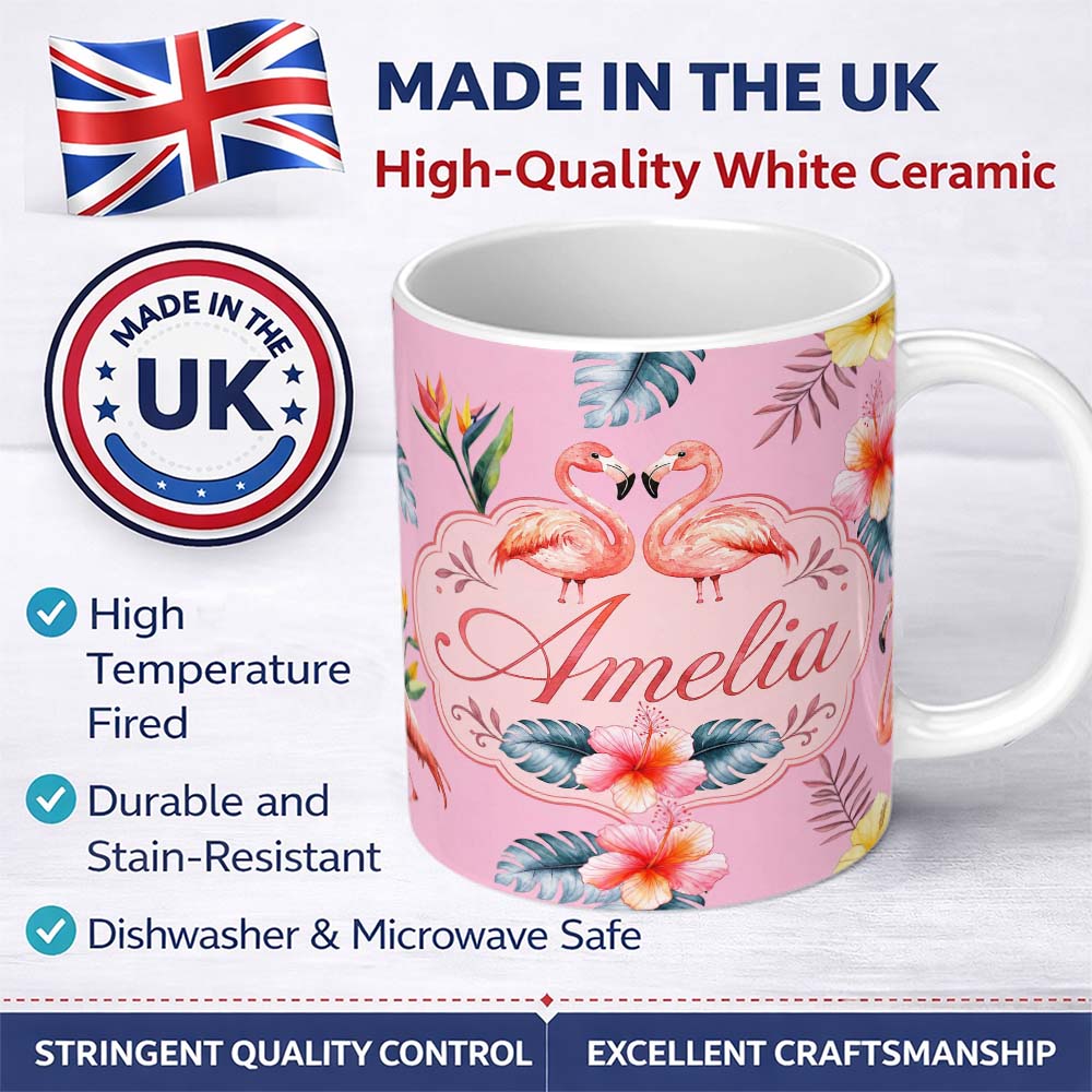 Personalized Custom Name Elegant Pink Flamingos Tropical Flowers on Blush Pink Background 11oz Ceramic Coffee Tea Mug White Large Handle