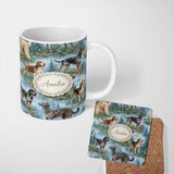 Personalized Custom Name Watercolor Hunting Dogs Forest Nature Seamless Pattern Lovely 11oz Ceramic Coffee Tea Mug White Large Handle