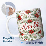 Personalized Custom Name Watercolor Poinsettia Flowers Holly Leaves Red Berries Seamless 11oz Ceramic Coffee Tea Mug White Large Handle