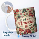 Personalized Custom Name Vintage Christmas Trees Ornaments Red Green Holiday Seamless Pattern 11oz Ceramic Coffee Tea Mug White Large Handle