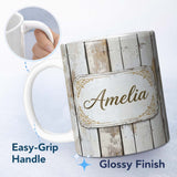 Personalized Custom Name Vertical Weathered Wooden Planks Whitewashed Distressed Lovely 11oz Ceramic Coffee Tea Mug White Large Handle