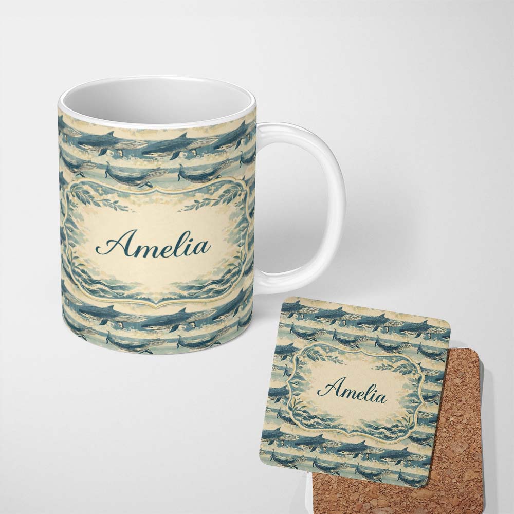 Personalized Custom Name Vintage Blue Humpback Whale Seamless Pattern Ocean Marine Design 11oz Ceramic Coffee Tea Mug White Large Handle