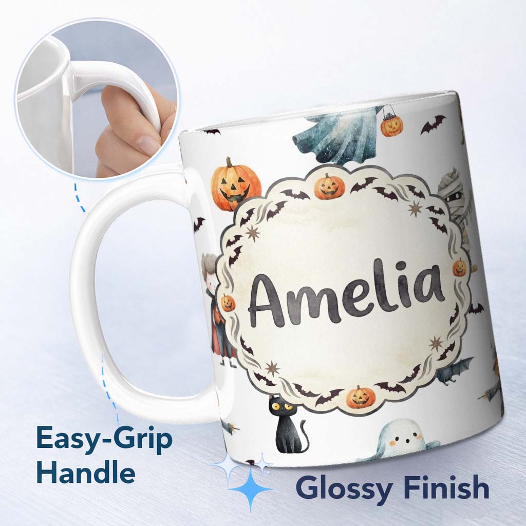 Personalized Custom Name Halloween Zombie Mummy Vampire and Bat Characters Grey Background 11oz Ceramic Coffee Tea Mug White Large Handle