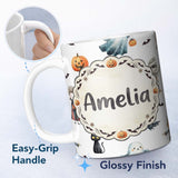 Personalized Custom Name Halloween Zombie Mummy Vampire and Bat Characters Grey Background 11oz Ceramic Coffee Tea Mug White Large Handle