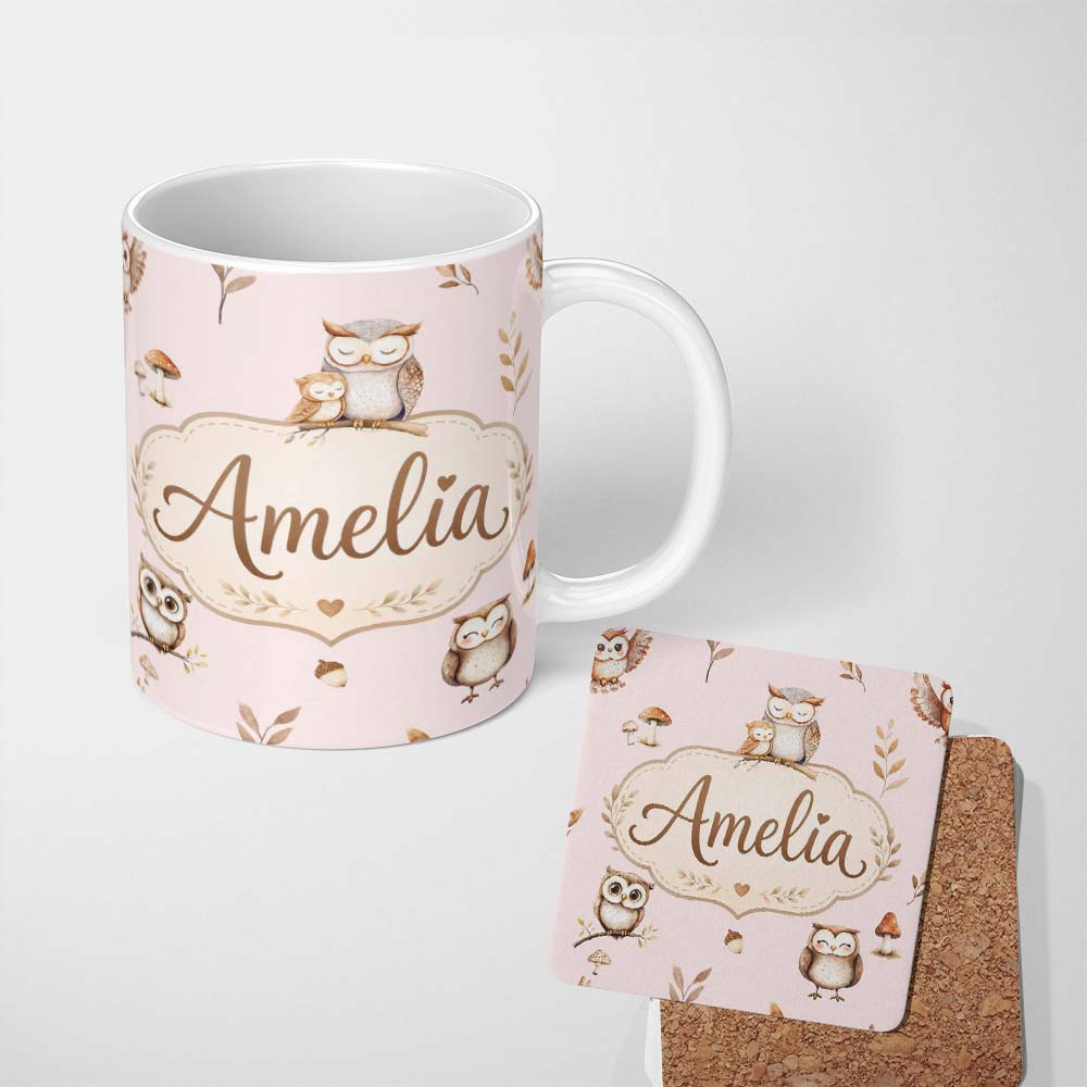 Personalized Custom Name Cute Woodland Owls with Mushrooms Leaves Soft Blush Background 11oz Ceramic Coffee Tea Mug White Large Handle
