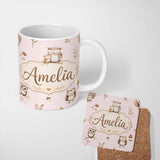 Personalized Custom Name Cute Woodland Owls with Mushrooms Leaves Soft Blush Background 11oz Ceramic Coffee Tea Mug White Large Handle