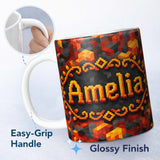 Personalized Custom Name Red Yellow Geometric Cube Abstract Seamless Pattern Cute Unique Gift 11oz Ceramic Coffee Tea Mug White Large Handle