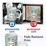 Personalized Custom Name Cute Kawaii Graduate Boy Science Art Supplies Seamless Pattern Mint 11oz Ceramic Coffee Tea Mug White Large Handle