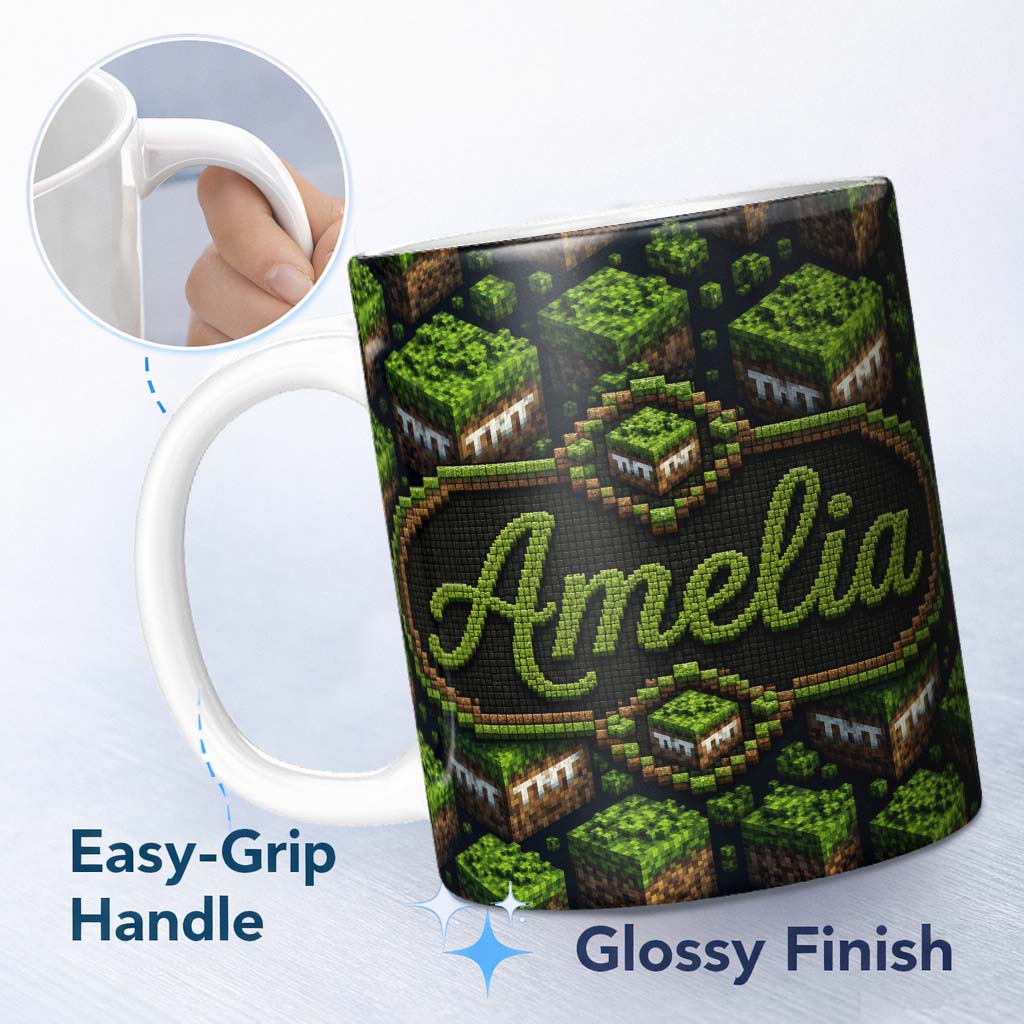 Personalized Custom Name Floating Grass Block Night Landscape Seamless Pattern Lovely 11oz Ceramic Coffee Tea Mug White Large Handle