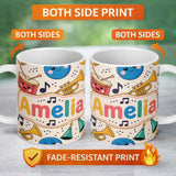 Personalized Custom Name Cute Musical Instruments Notes Cartoon Fun Seamless Pattern 11oz Ceramic Coffee Tea Mug White Large Handle