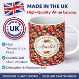 Personalized Custom Name Watercolor Red Apples with Deep Blue Background Seamless Pattern 11oz Ceramic Coffee Tea Mug White Large Handle