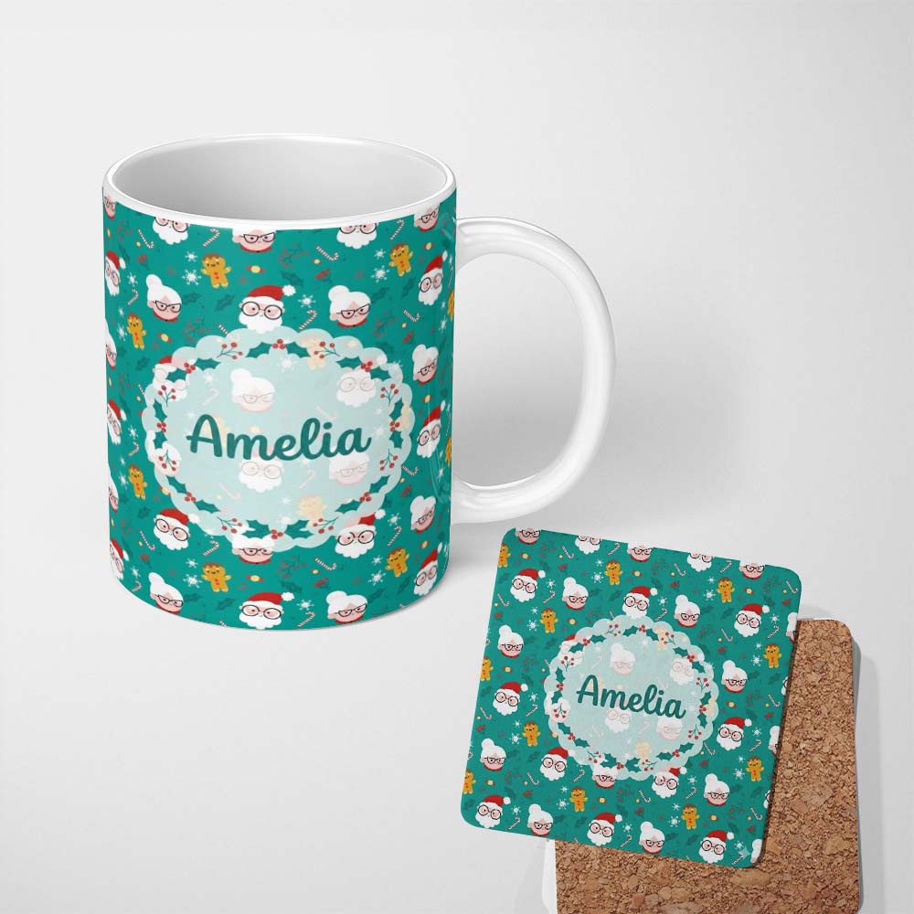 Personalized Custom Name Cute Santa Mrs Claus Gingerbread Seamless Pattern Christmas Family 11oz Ceramic Coffee Tea Mug White Large Handle