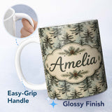 Personalized Custom Name Vintage Pine Tree Silhouette on Soft Neutral Background with Subtle 11oz Ceramic Coffee Tea Mug White Large Handle