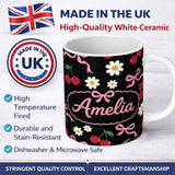 Personalized Custom Name Cute Cherry Bow and Daisy Seamless Pattern on White Grey Lovely 11oz Ceramic Coffee Tea Mug White Large Handle