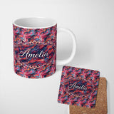 Personalized Custom Name Vibrant Fluid Marble Swirl Abstract Pattern Pink Blue Orange Lovely 11oz Ceramic Coffee Tea Mug White Large Handle