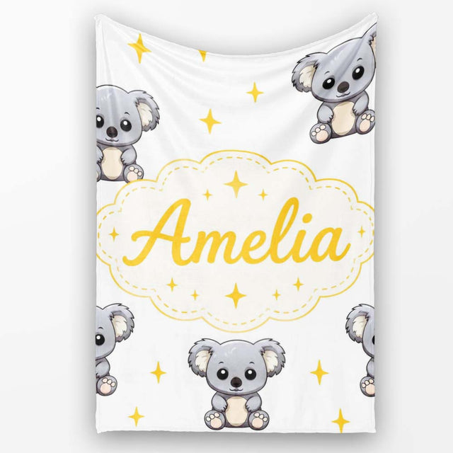 Cute Cartoon Koala Bears with Yellow Stars on Light Grey Background  Personalised Custom Name Super Soft Fleece Blanket Bed Sofa Throw