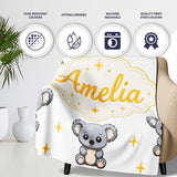 Cute Cartoon Koala Bears with Yellow Stars on Light Grey Background  Personalised Custom Name Super Soft Fleece Blanket Bed Sofa Throw