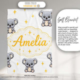 Cute Cartoon Koala Bears with Yellow Stars on Light Grey Background  Personalised Custom Name Super Soft Fleece Blanket Bed Sofa Throw