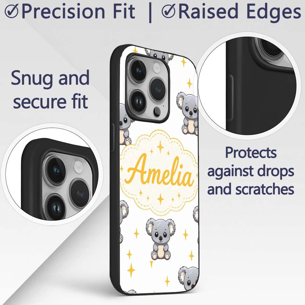 Cute Cartoon Koala Bears with Yellow Stars on Custom Name Protective Phone Case Mobile Cover Durable Everyday Smartphone Shock Resistant