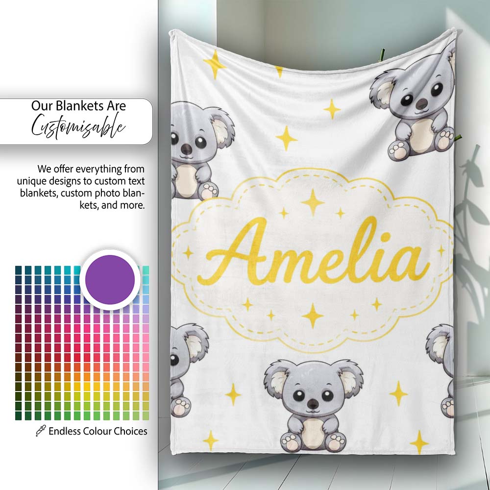 Cute Cartoon Koala Bears with Yellow Stars on Light Grey Background  Personalised Custom Name Super Soft Fleece Blanket Bed Sofa Throw